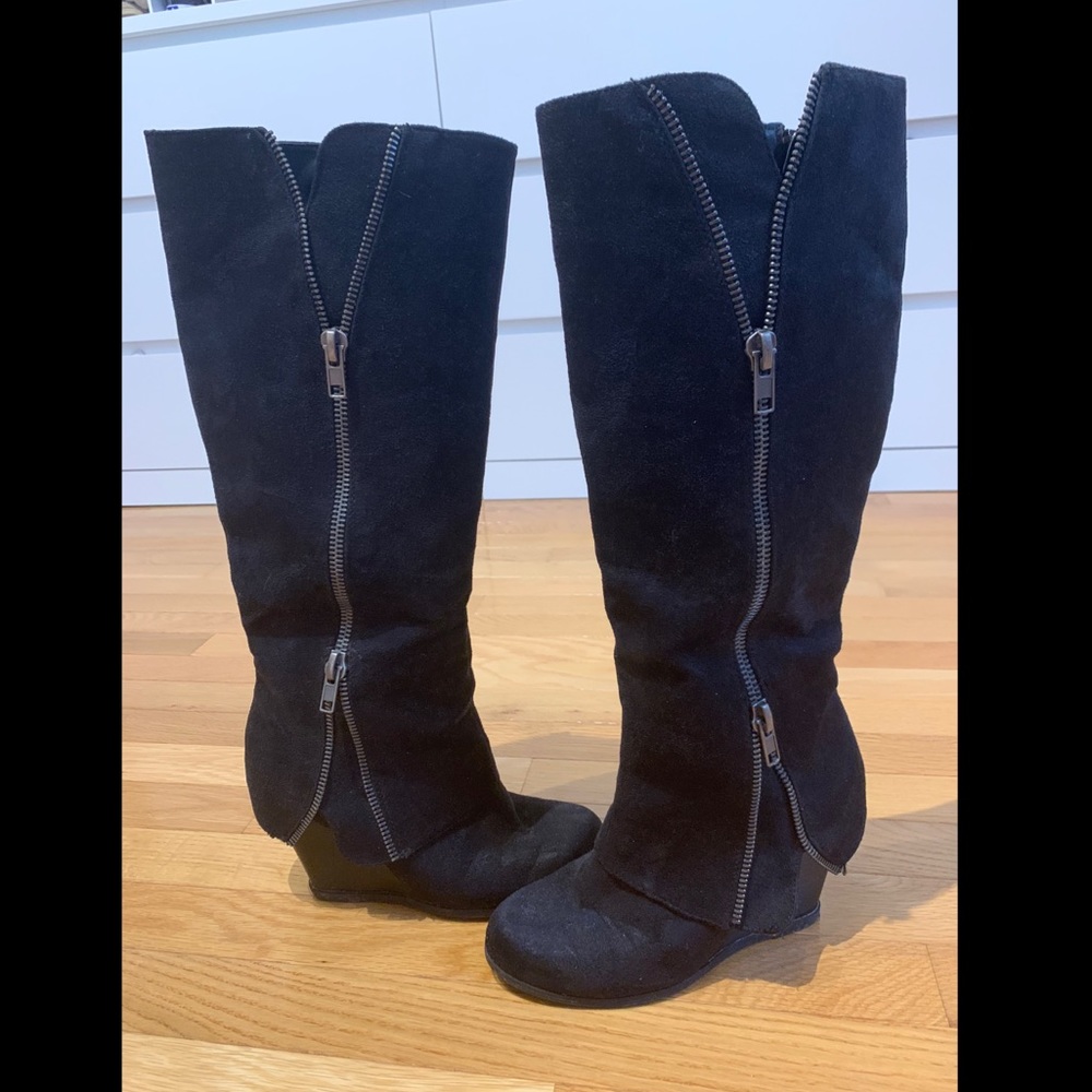 Black wedge knee high boots
